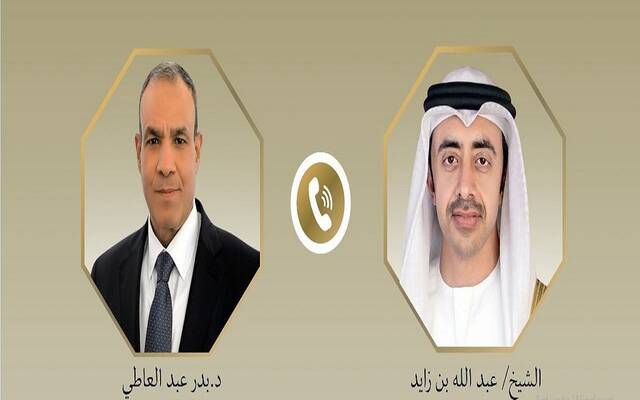 بدر عبدالعاطي وزير الخارجية والهجرة المصري والشيخ عبدالله بن زايد آل نهيان نائب رئيس الوزراء وزير الخارجية الإماراتي