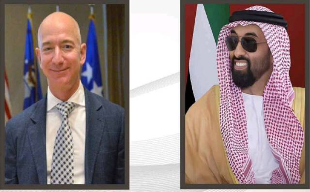 الشيخ طحنون بن زايد آل نهيان، نائب حاكم إمارة أبوظبي وجيف بيزوس المؤسس والرئيس التنفيذي لشركة أمازون