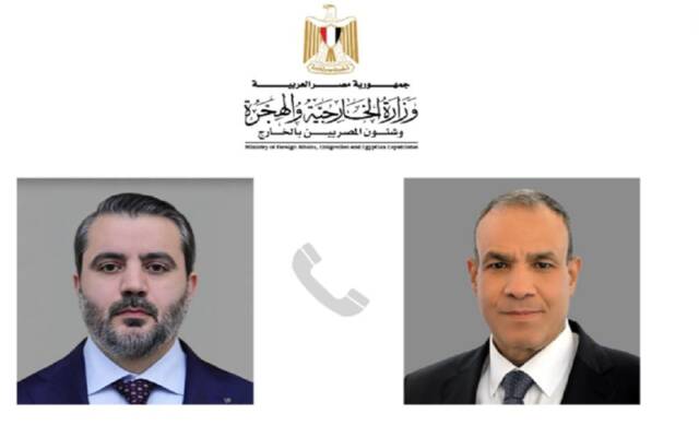 بدر عبد العاطي وزير الخارجية والهجرة وأسعد الشيباني وزير الخارجية المعين بالحكومة الانتقالية الجديدة في سوريا