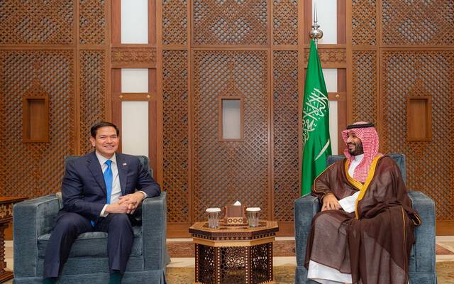 الأمير محمد بن سلمان بن عبدالعزيز آل سعود ولي العهد رئيس مجلس الوزراء ووزير الخارجية الأمريكي ماركو روبيو